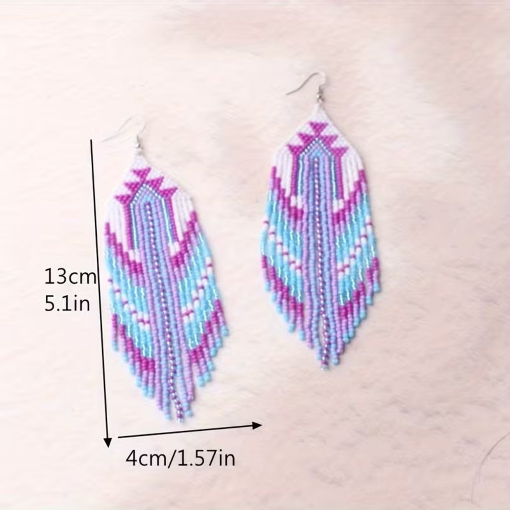 Handmade Seed Bead Fringe Earrings Purple Turquoise Geometric Boho Dangle 5.1in - Picture 2 of 2